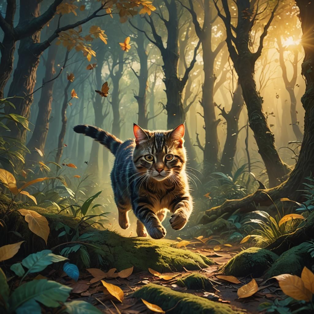 Cat and Mouse Chase in Mystical Forest