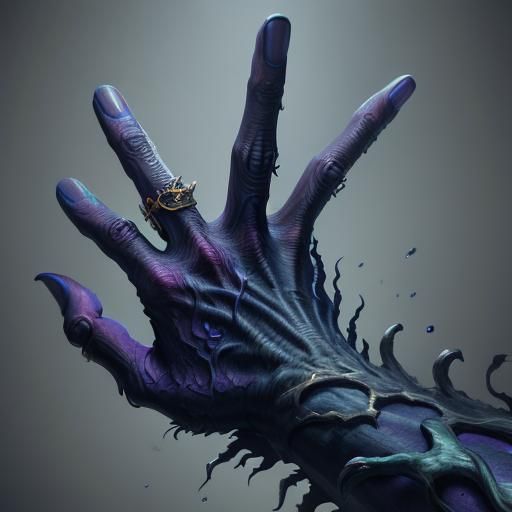 hand of a creature, three very long fingers, swollen joints,...