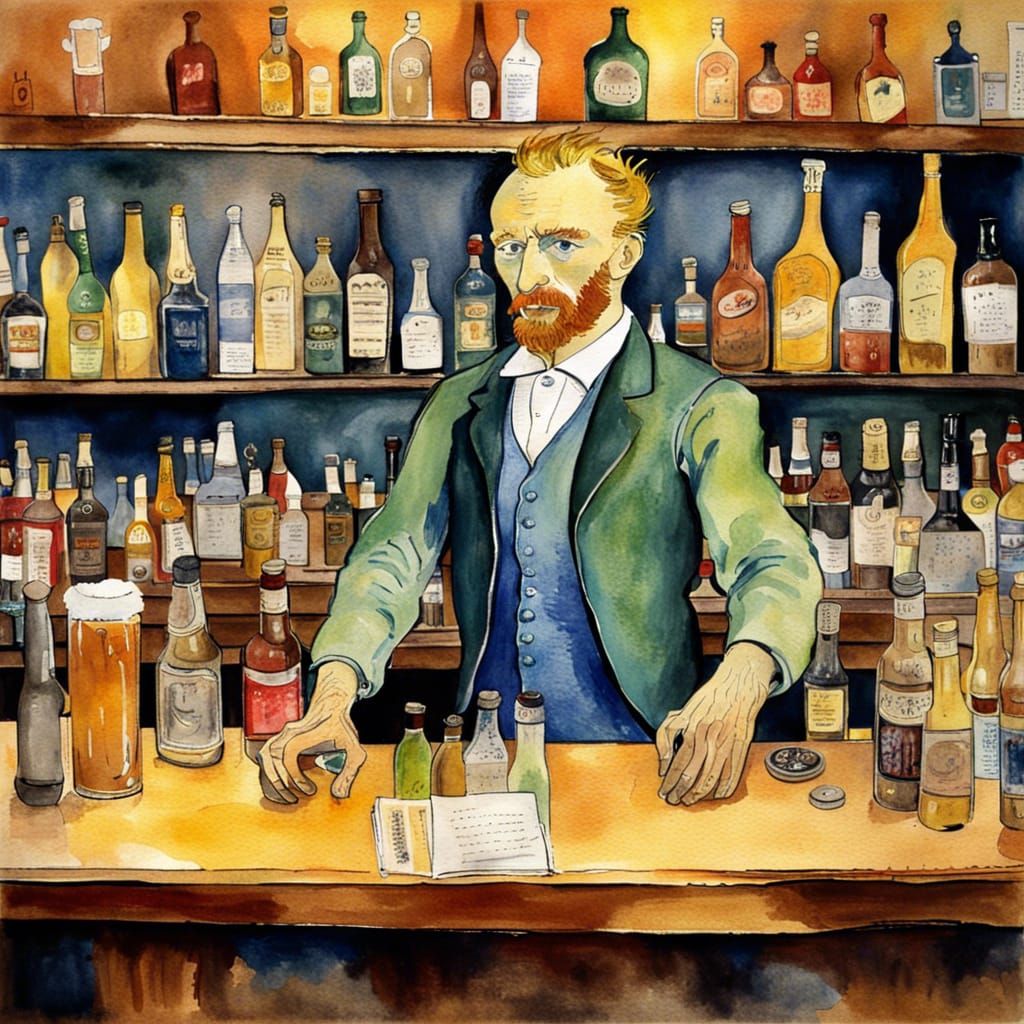 Watercolor Painting of Vincent van Gogh as A Bartender   by @S