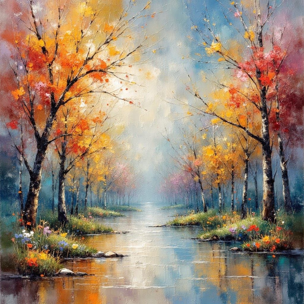 Paris park in the spring, dripping paint, drops, splatters, abstract, beautiful neo-impressionism expressionist style oil painting, smooth p...