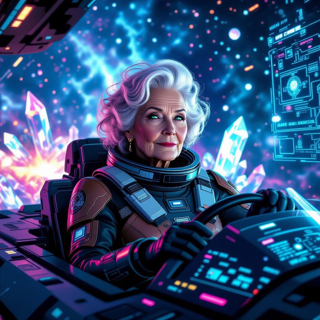 Envision an elderly woman with long, flowing, rose gold hair and piercing, emerald eyes, dressed in a ...  by @Susi