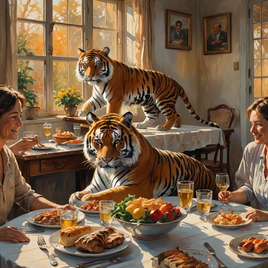 Tiger Attends Family Dinner: A Whimsical Oil Painting