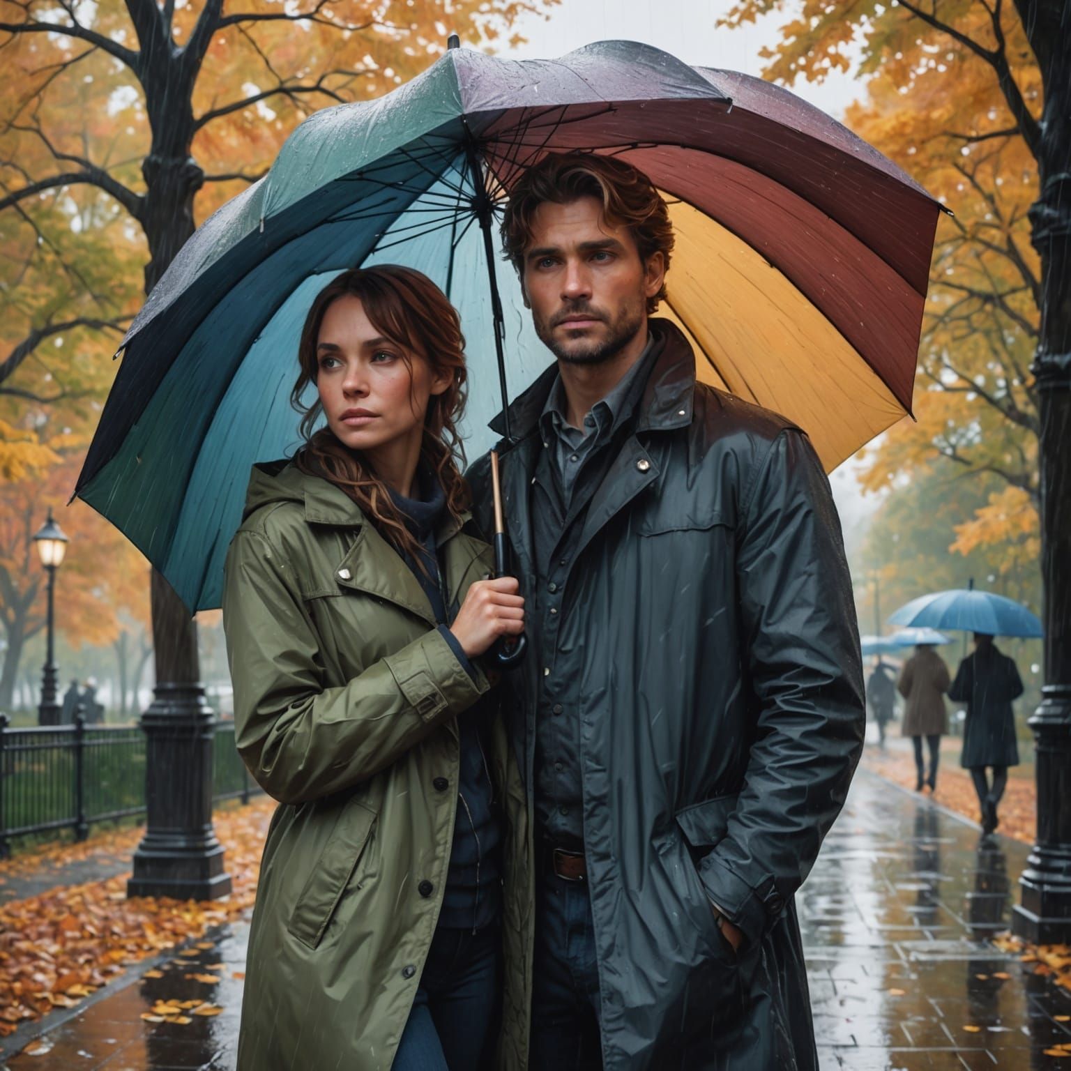 in the morning in rainy weather, a woman and a man walk toge...