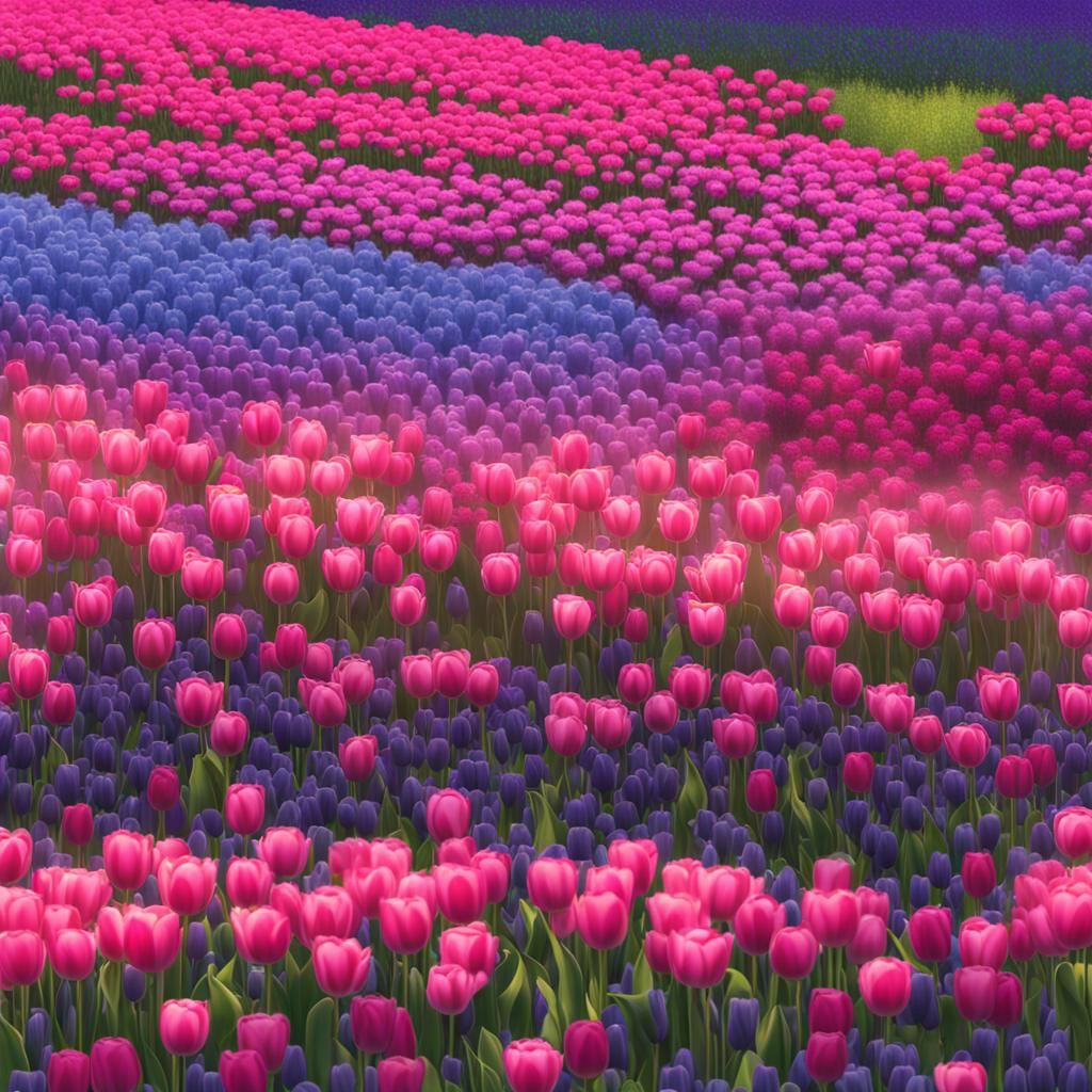 Endless sunny fields of pink and purple and blue tulips