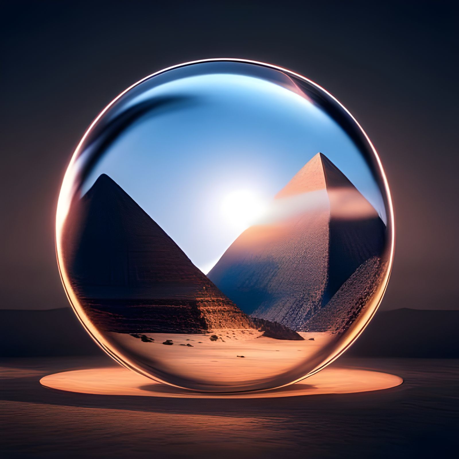 3D Egyptian pyramids view inside a glass orb false
