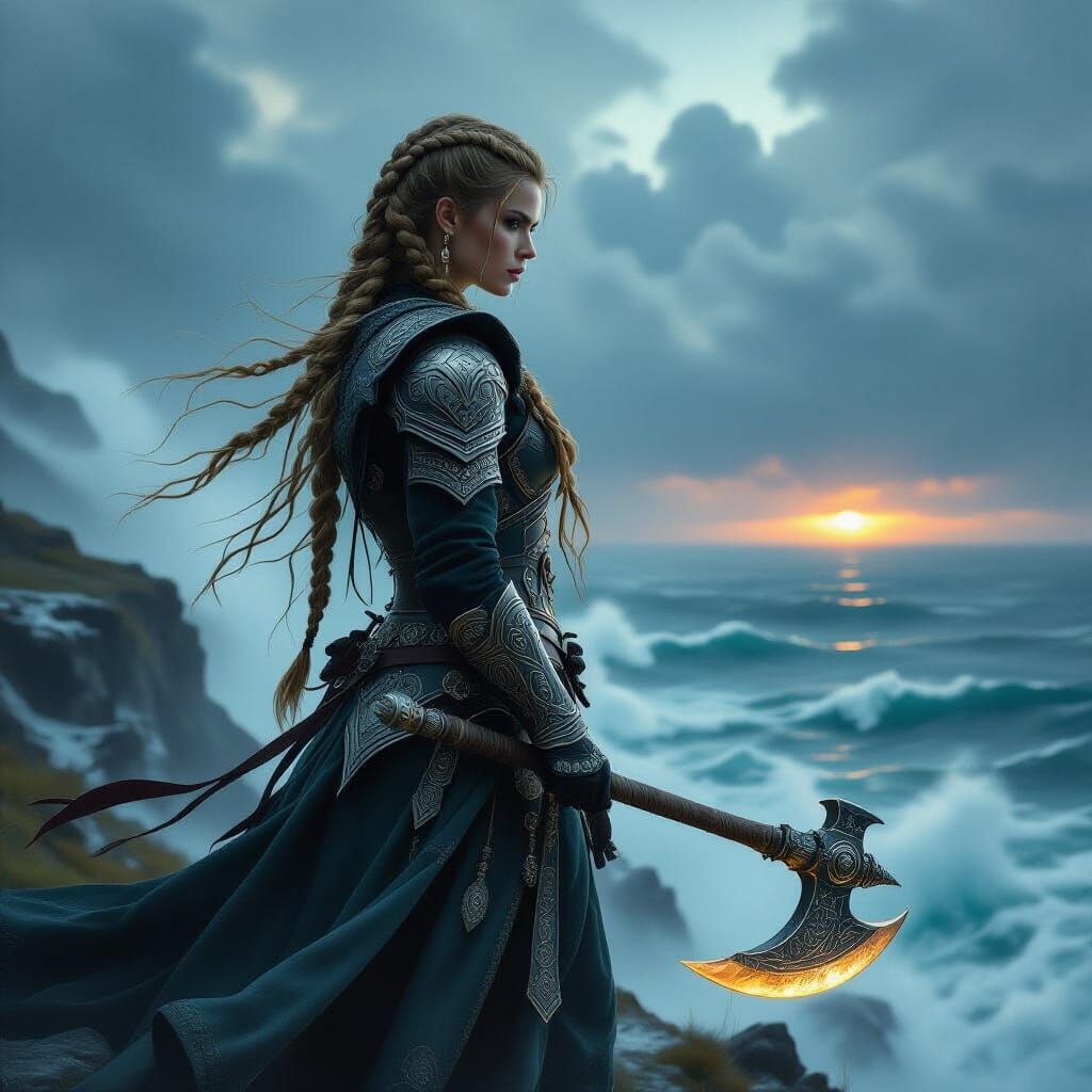 A majestic Viking maiden with intricate braids, standing on a windswept cliff overlooking a stormy sea. She wears armor adorned with glowing...