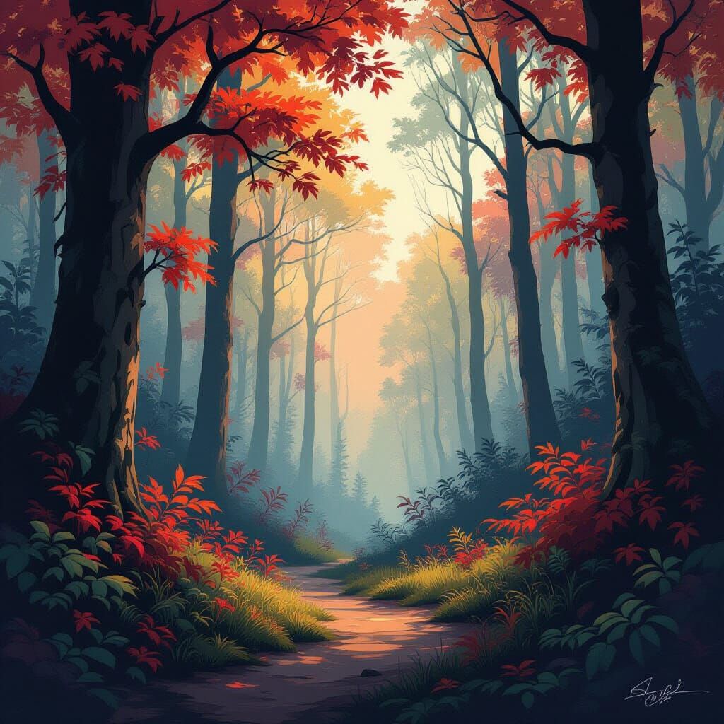 Misty Forest Landscape with Vibrant Foliage