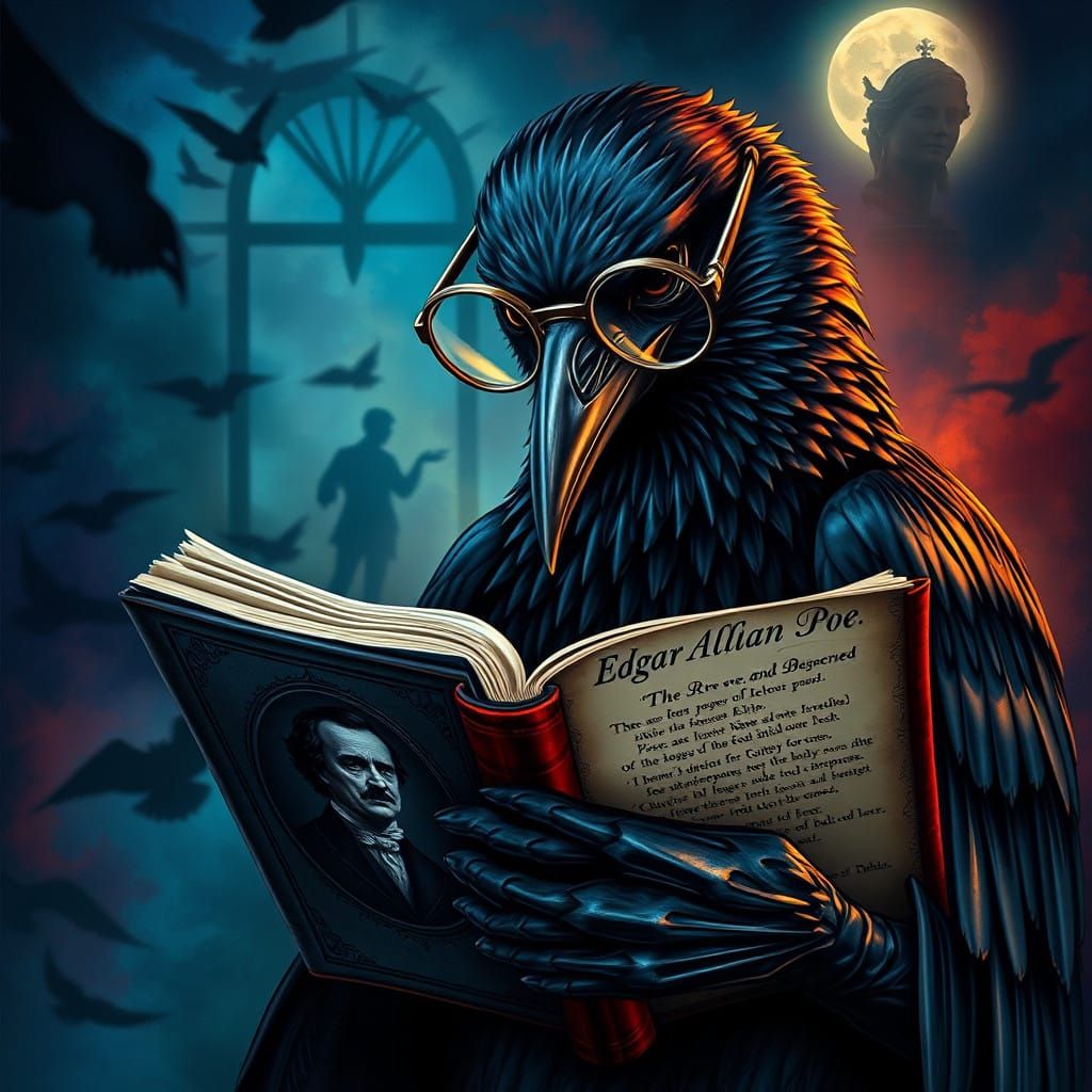 Ultra Detailed Raven with glasses reading a book by Edgar Allan Poe with the poem Raven and a portrait ...  by @Likra