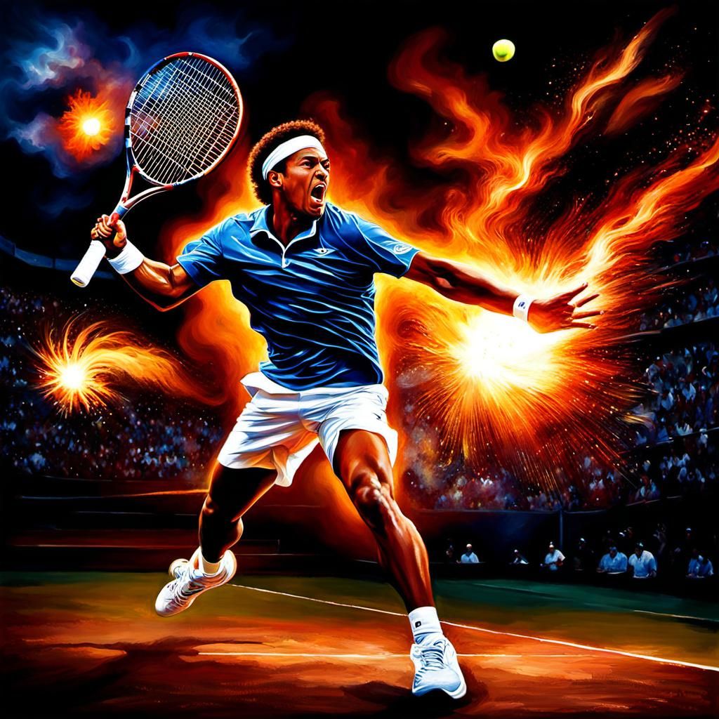 An expressive oil painting of a tennis player powerfully hit...