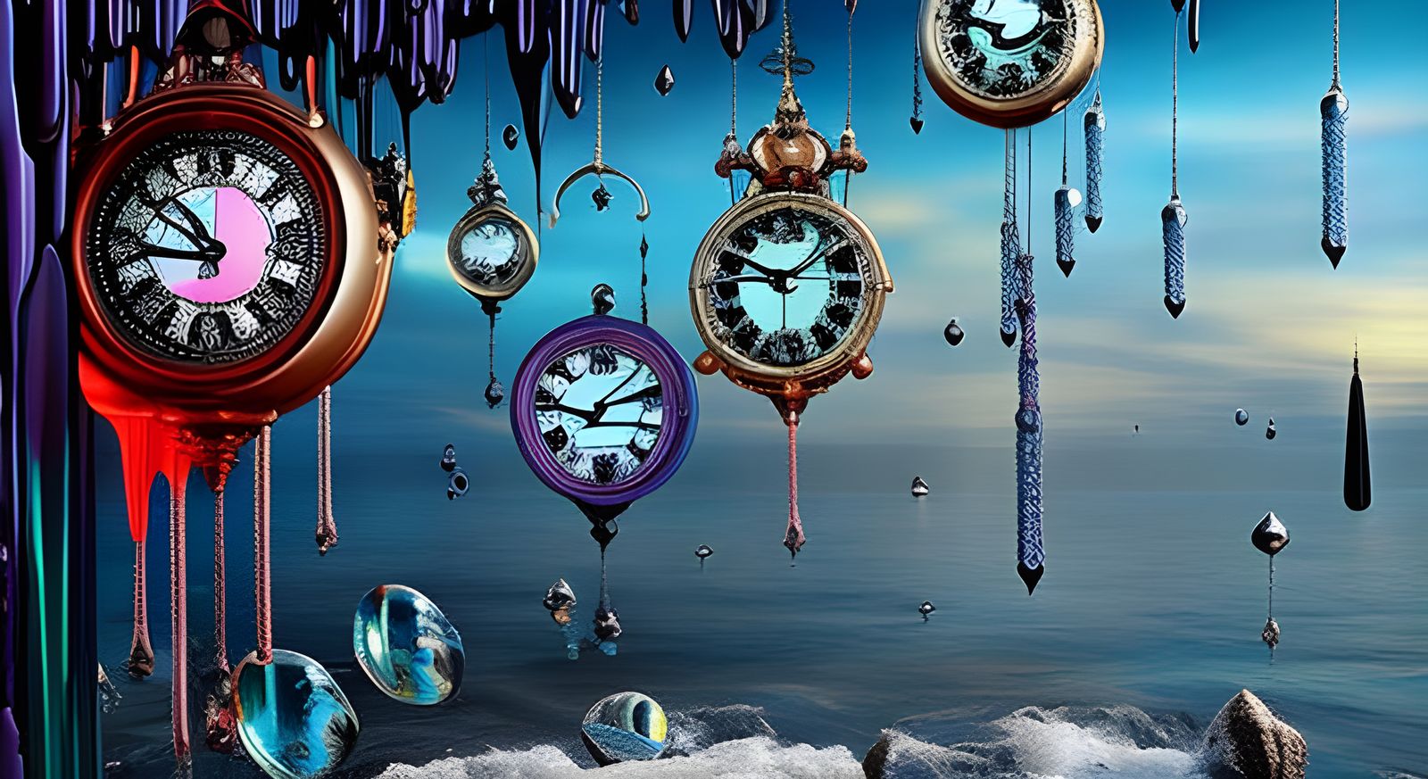 Clocks "Time keeps dripping away" melting Clocks draped over...
