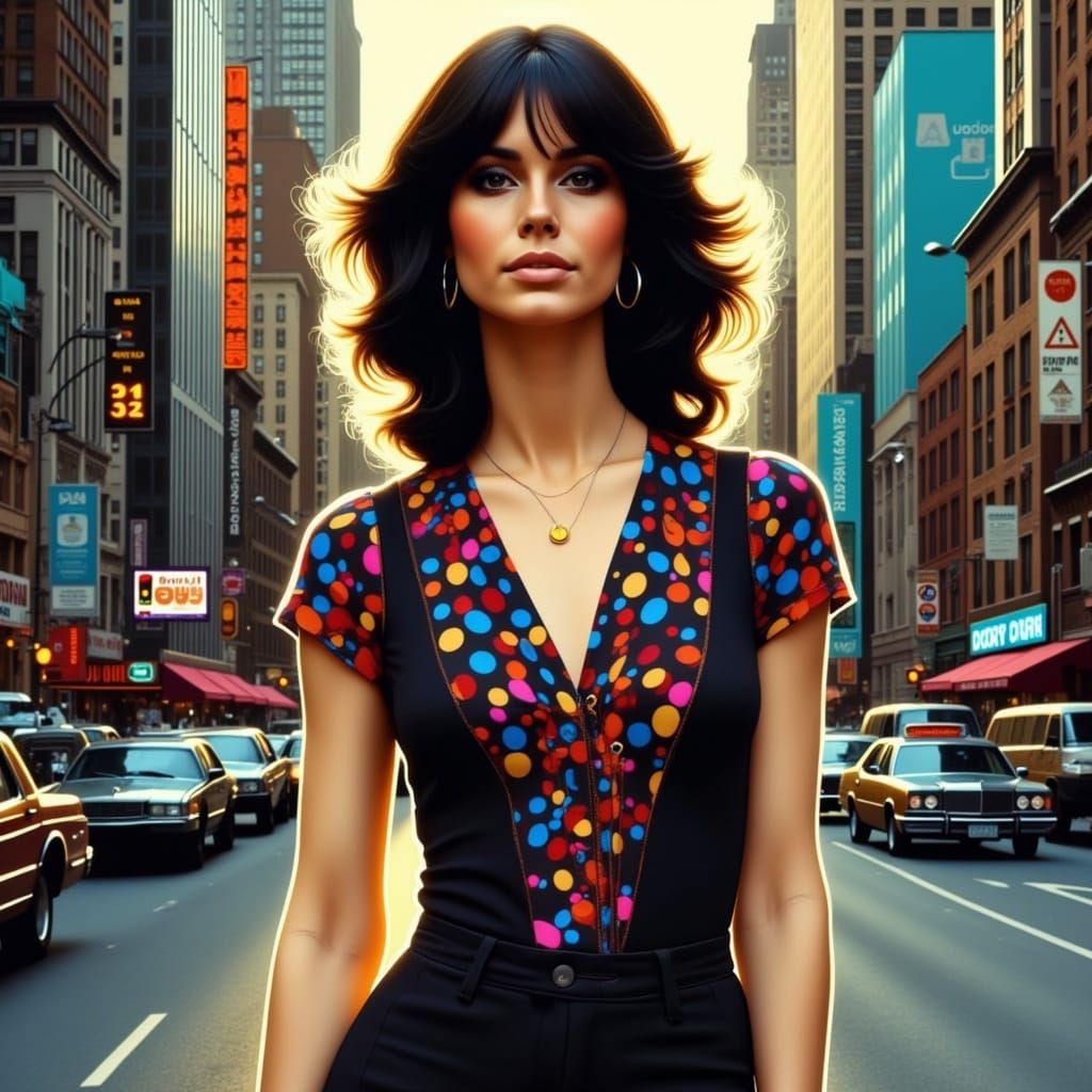 <lora:70s Chic V2:1.0> dark haired woman, 70s chic, NYC backdrop