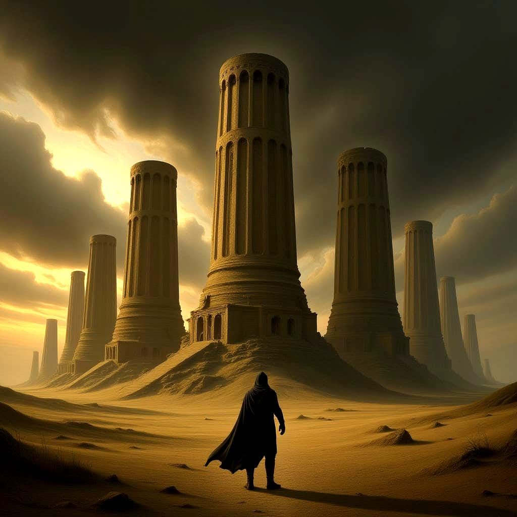 A solitary figure in a cloak stands on a desolate, windswept plain under a sky filled with colossal, ancient ruins. The figure is small agai...