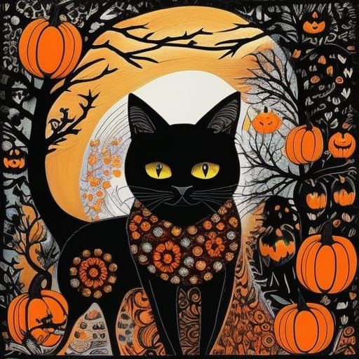 Mixed media lots of black cats, herd of black cats, Hallowee...