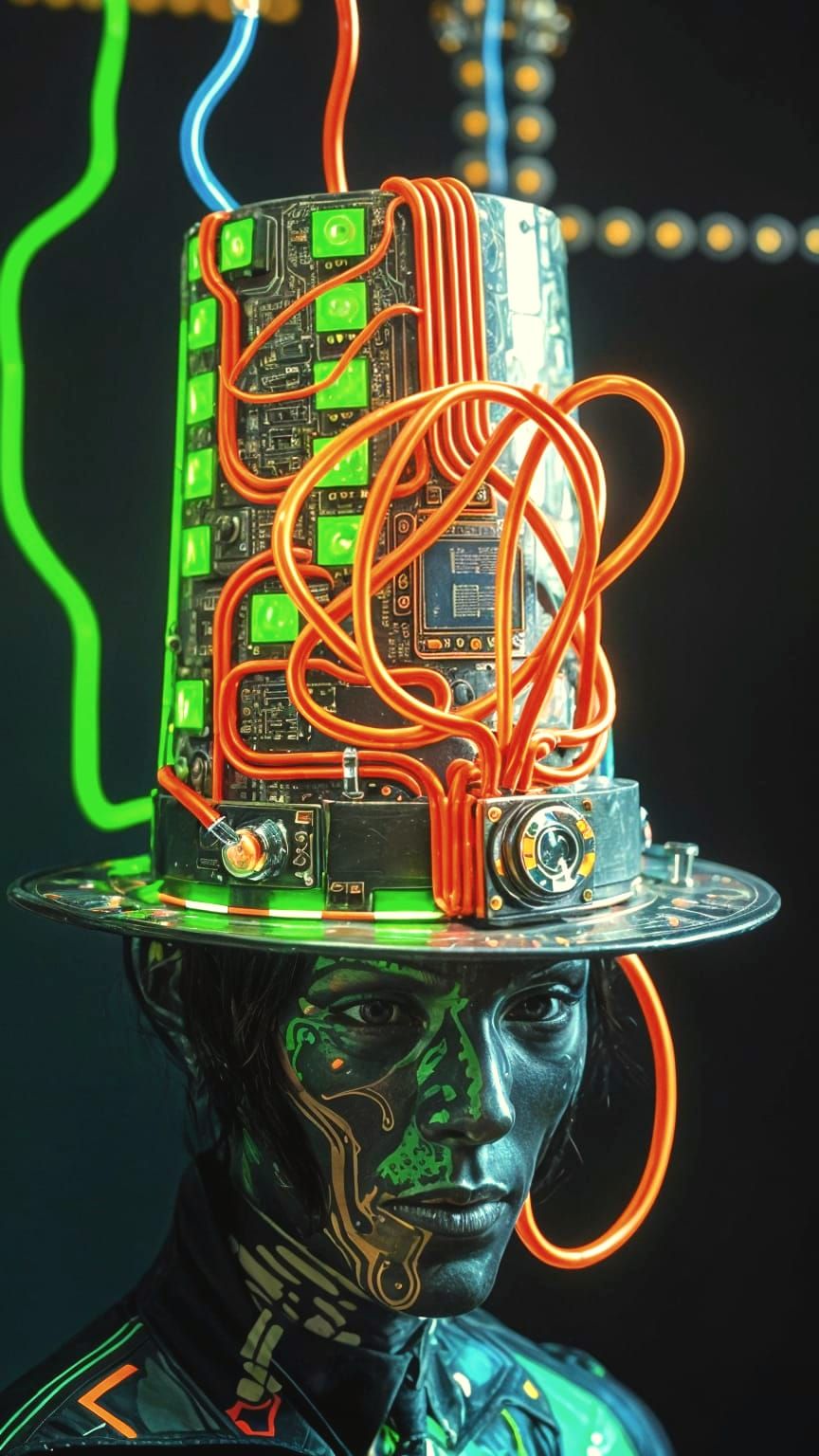 A psychedelic top hat made out cyberpunk circuit boards.  by @Macbeth