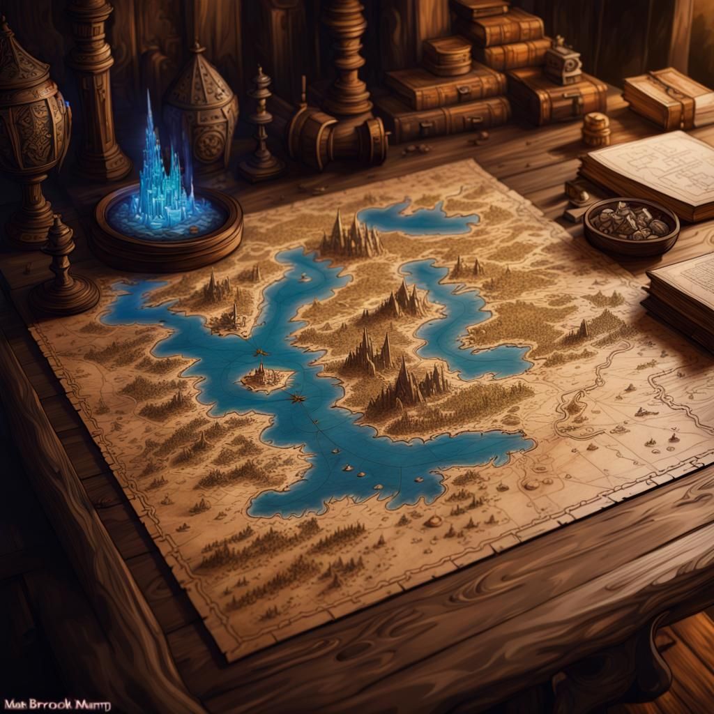 A fantasy map on a wooden table 1