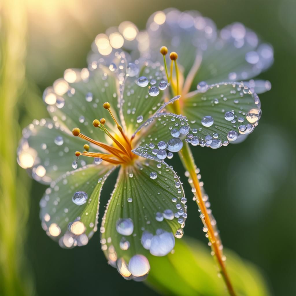 Morning sunlight gently illuminating delicate dew drops clinging to the ...