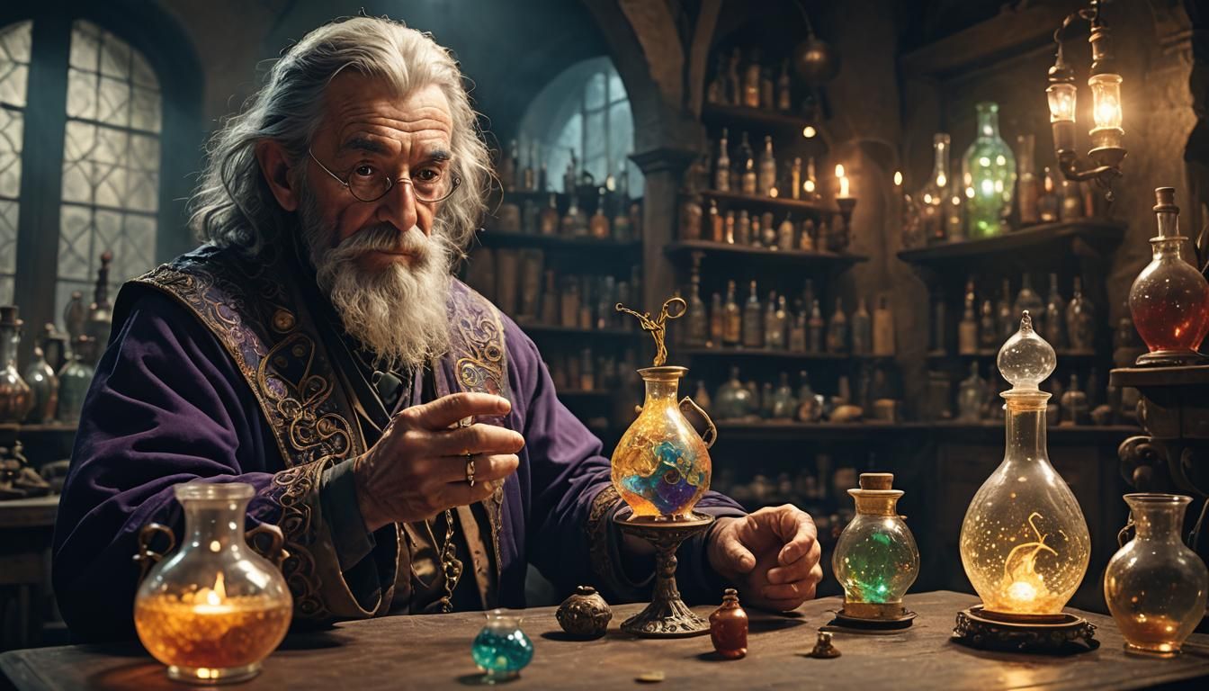 An old male alchemist, proudly holding up a glowing, glittering liquid in an elaborately decorated glass ...  by @Dorian