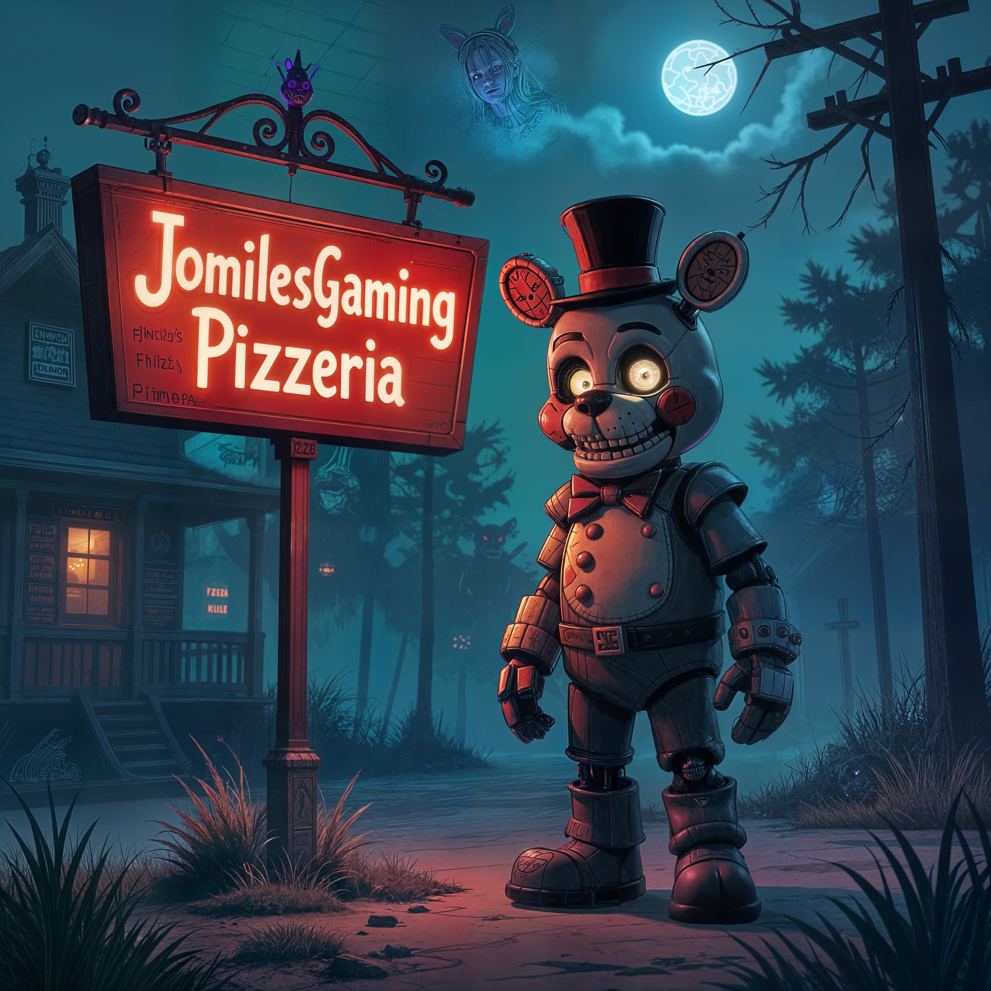 A Fnaf themed picture of Bonnie next to the words(Jomilesgaming245 also the words are a name of a pizzeria)