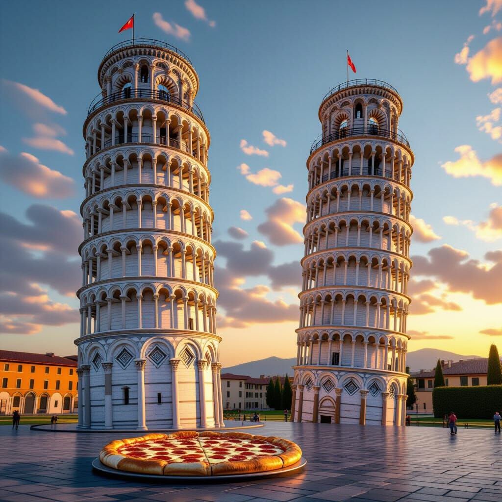 Leaning Tower of Pisa Made of Pizza, Hyperrealistic
