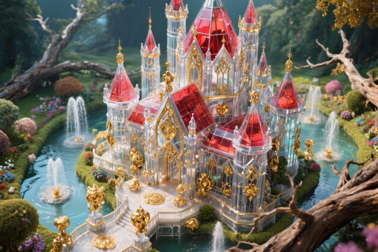 Glass Castle with Gold & Silver Ornaments in Magical Garden