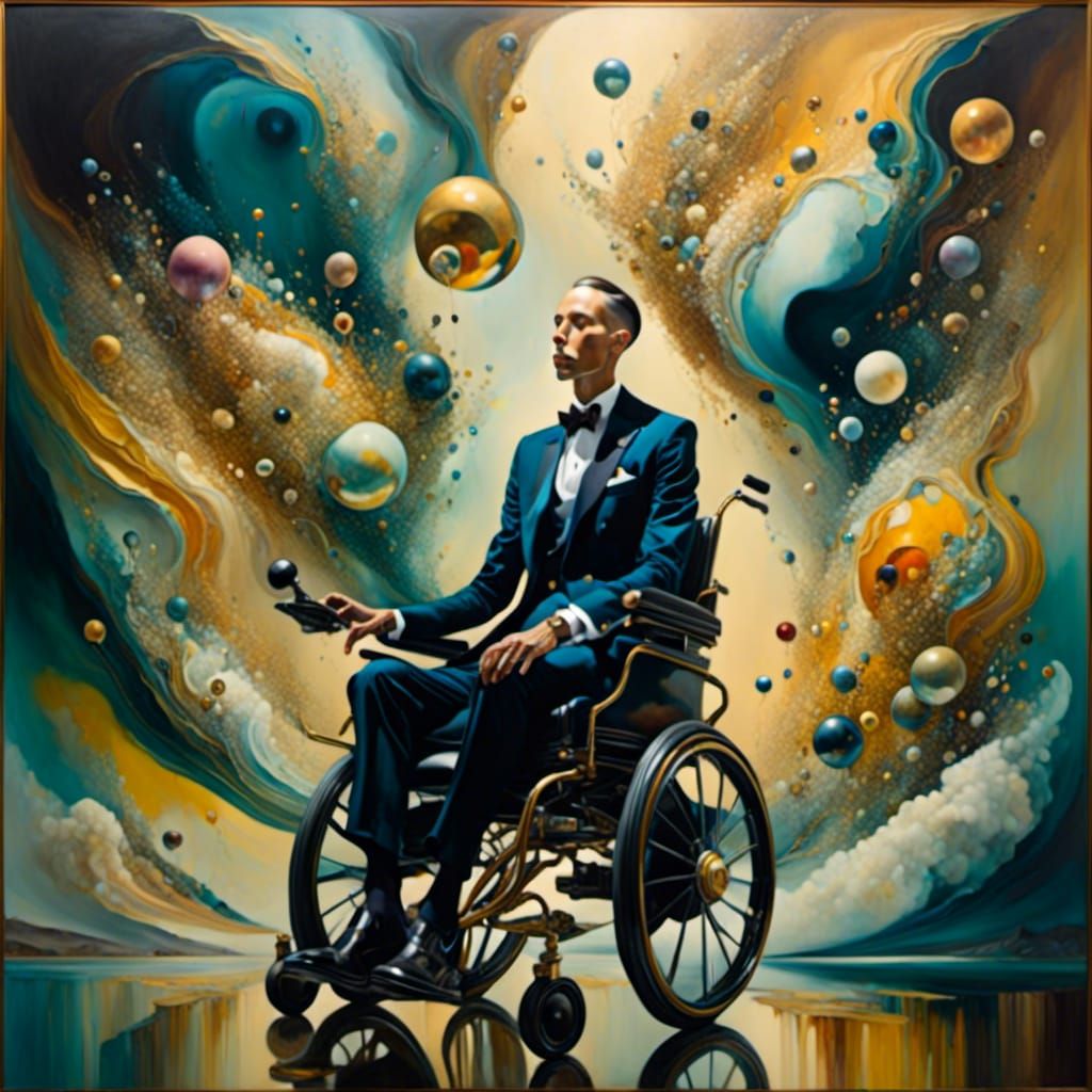 Surreal portrait of a man using an electric wheelchair, alcohol ink and watercolor  <lora:Surreal mobility art:1.0>