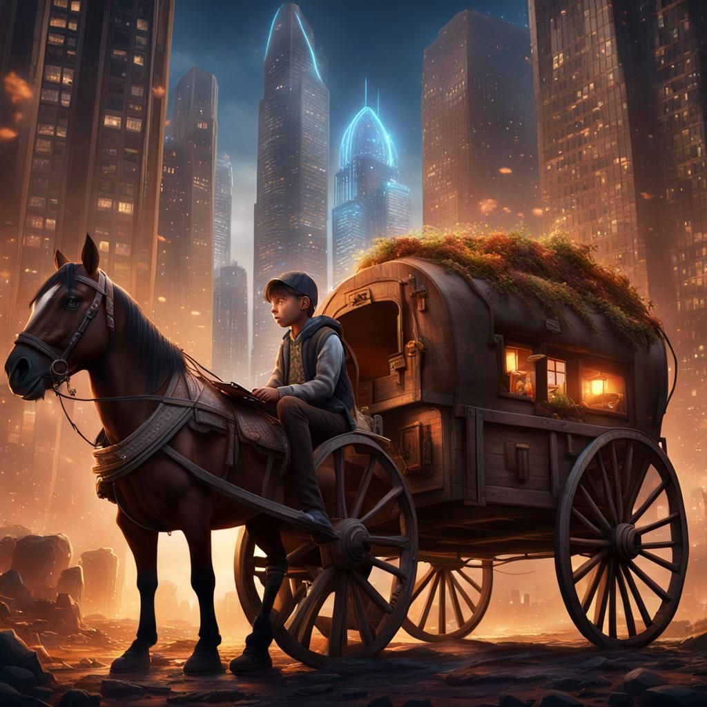 Boy with laptop computer sitting in horse-drawn covered wago...