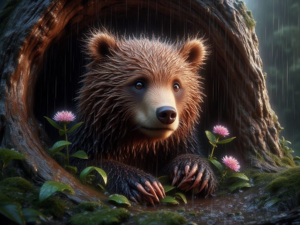 <lora:FiosAnimalsInTheRain:1.0> Brown Bear in a Tree Hollow
