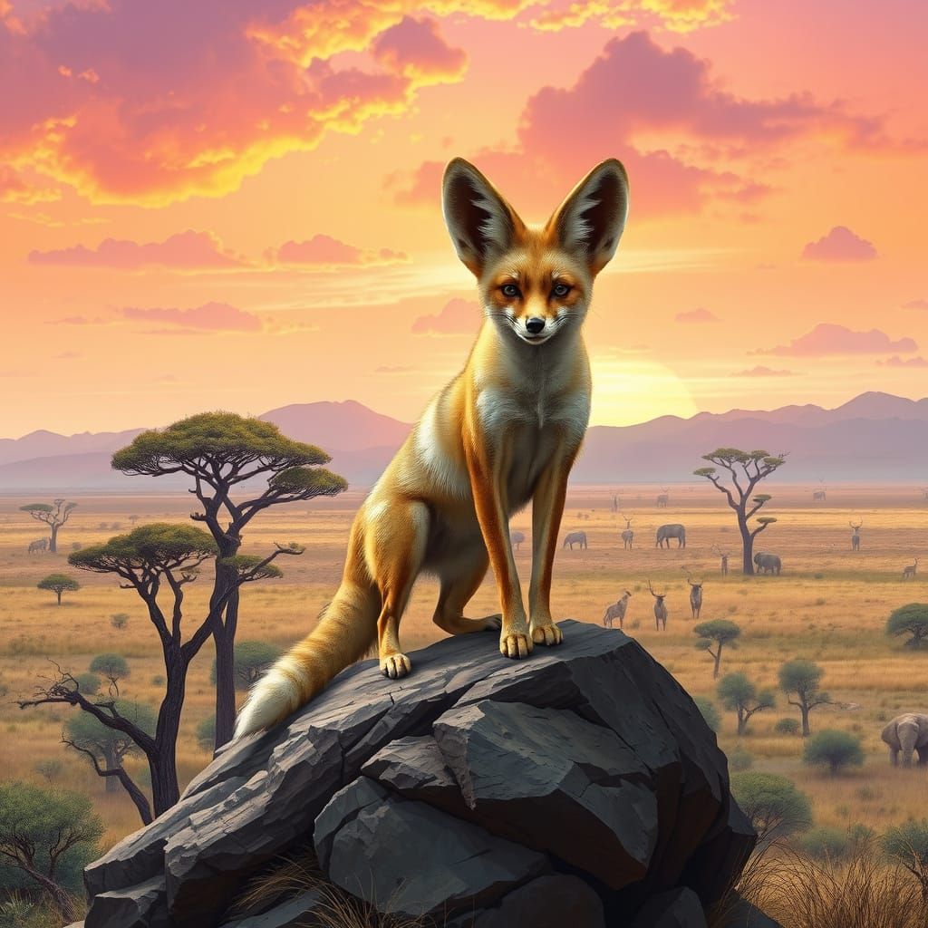  fennec fox and African plains landscape with a realistic yet surreal look. With a colorful sky