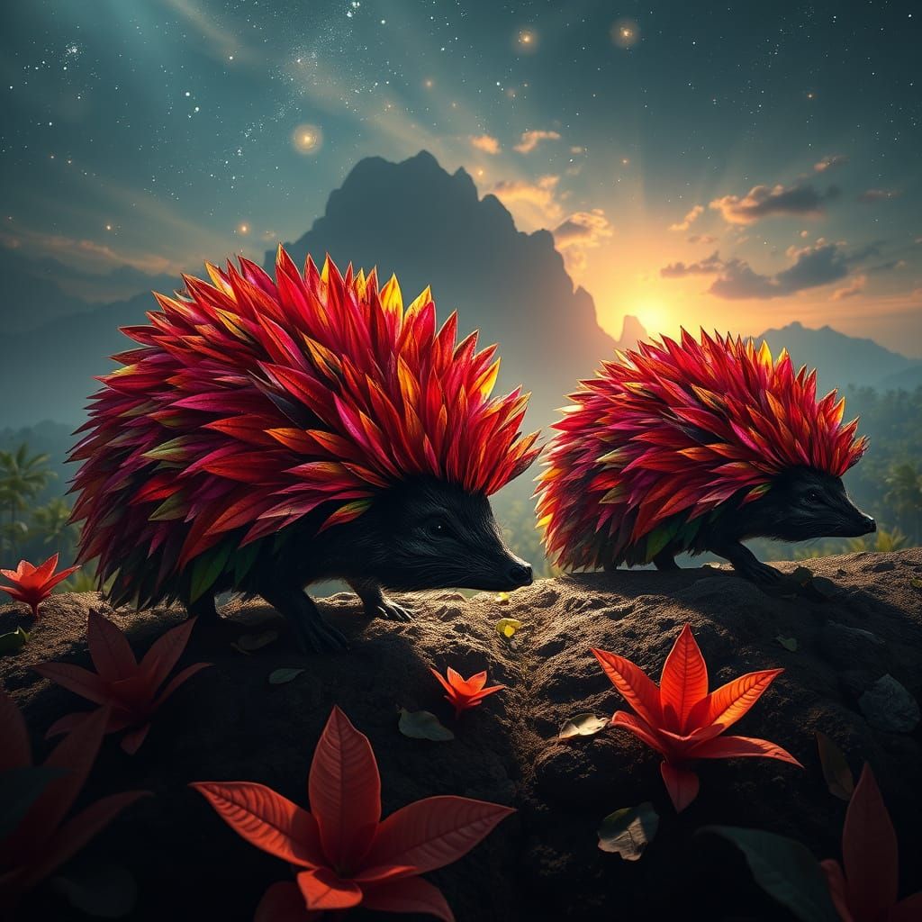 cosmic hedgehogs made of tropical leaves.  by @Lightning