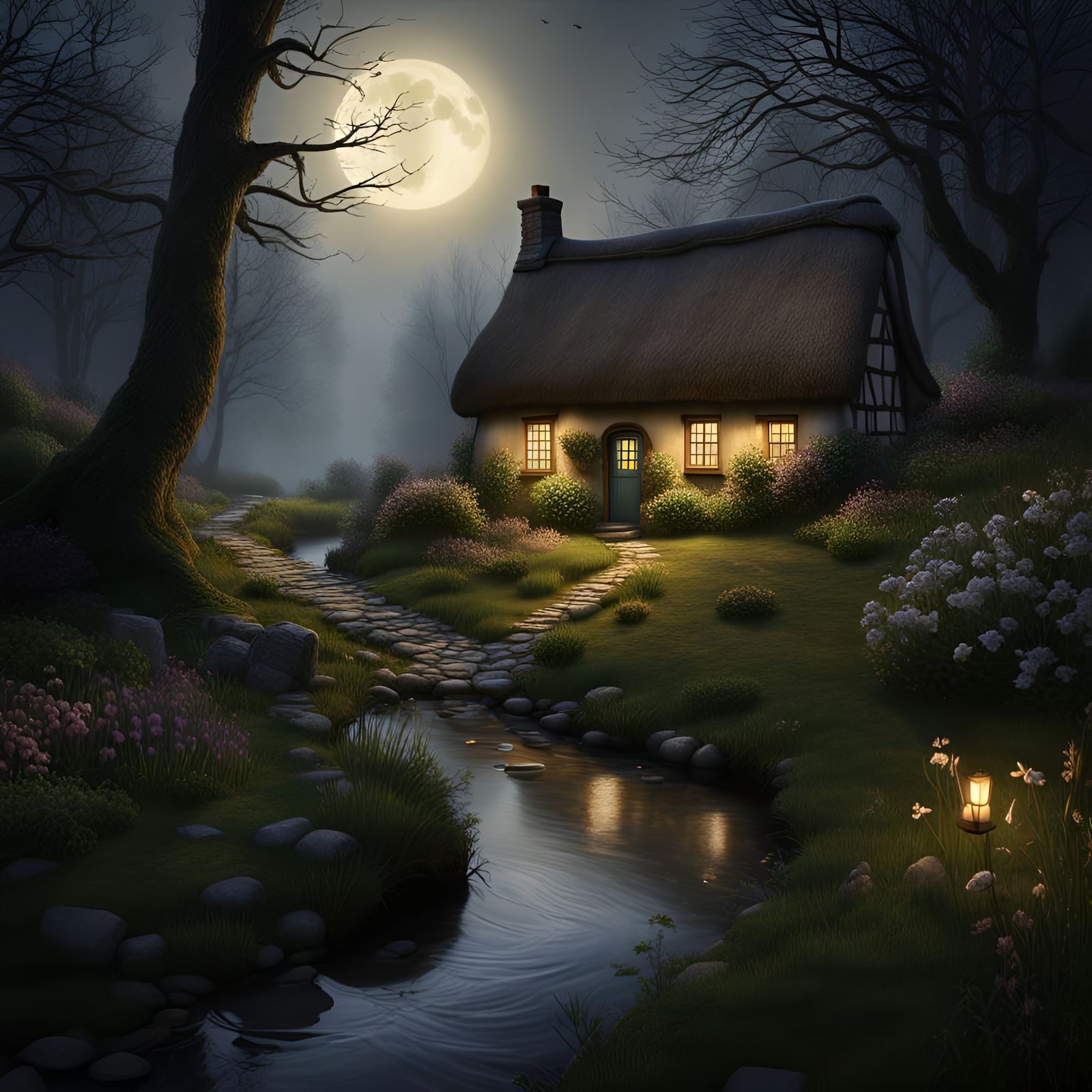 Moonlit Whisper by the Stream - AI Generated Artwork - NightCafe Creator