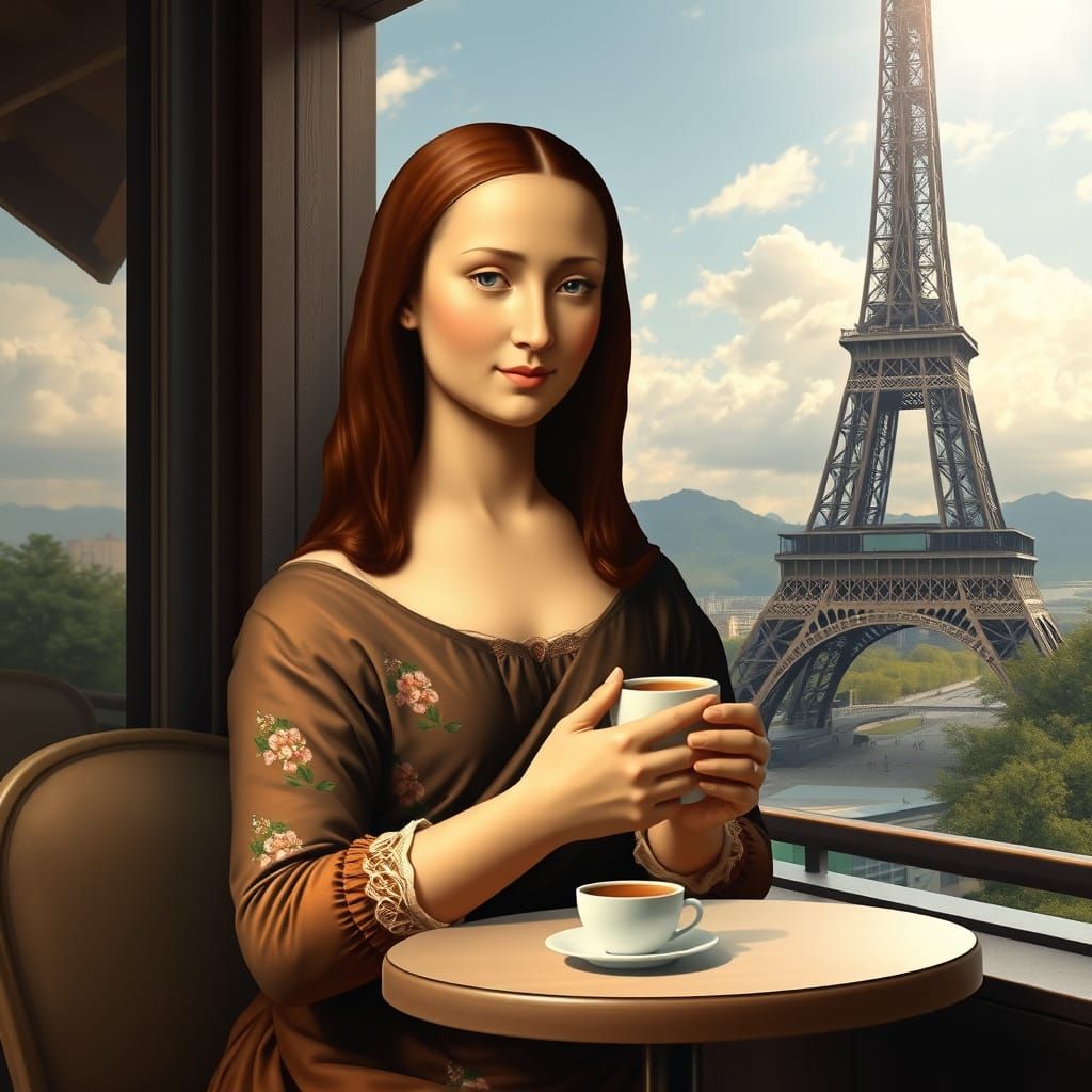 Mona Lisa drinking coffee at the base of the Eiffel Tower  by @undefined
