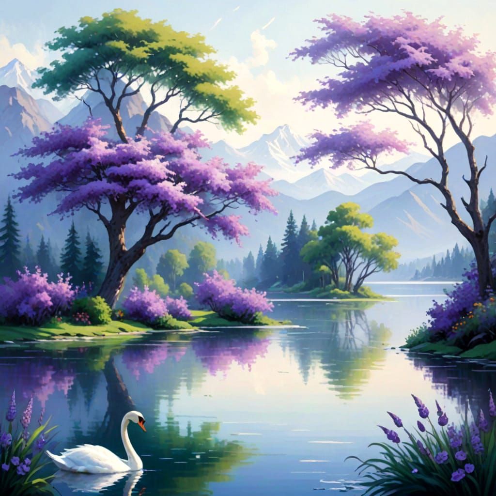 Idyllic Landscape with Majestic Mountains and Peaceful Swan