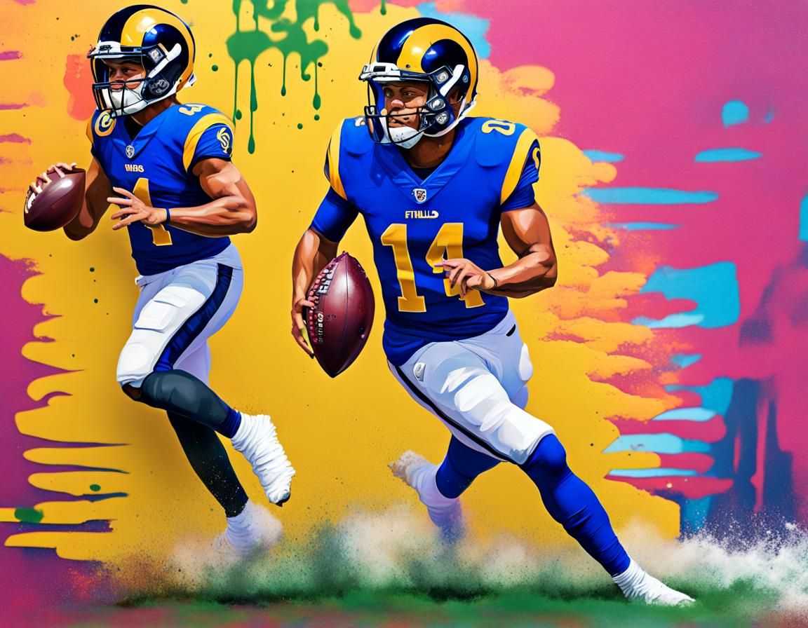 Quarterback Justin Fields in a Los Angeles Rams uniform 1 running with the ball. AI Generated Artwork NightCafe Creator