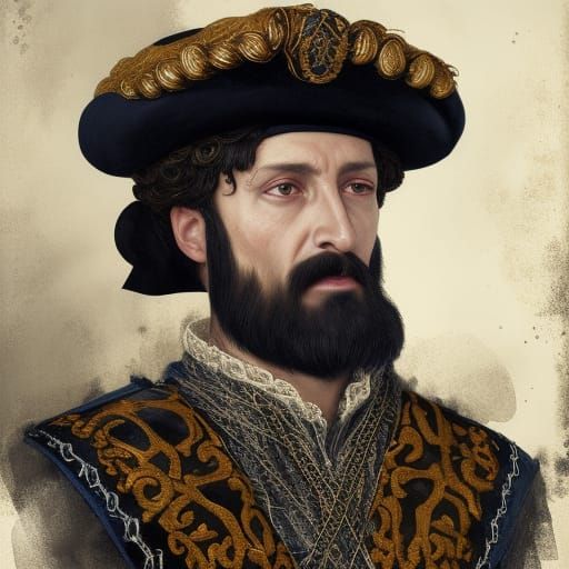 noble conquistador spaniard, black velvet clothing, golden embroidery, short curly hair, full beard, 45 years old in 153...