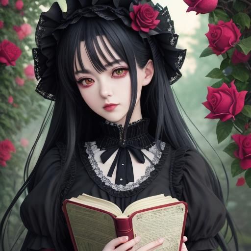 Gothic Lolita Anime Girl in Rose Garden