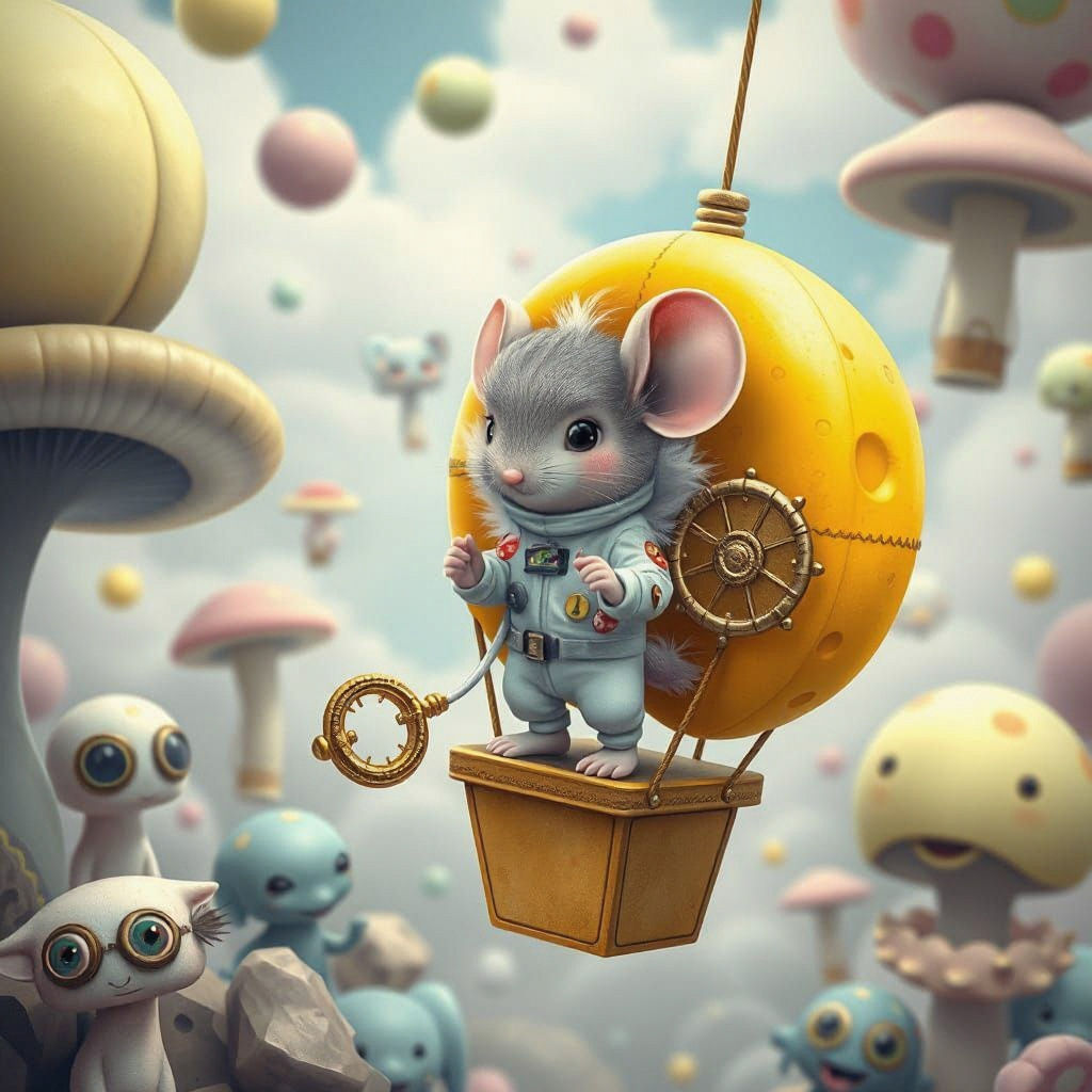 
"A tiny, delicate mouse dressed in a flamboyant space suit decorated with feathers and pizza stickers, standing on a yellow cheese-shaped h...