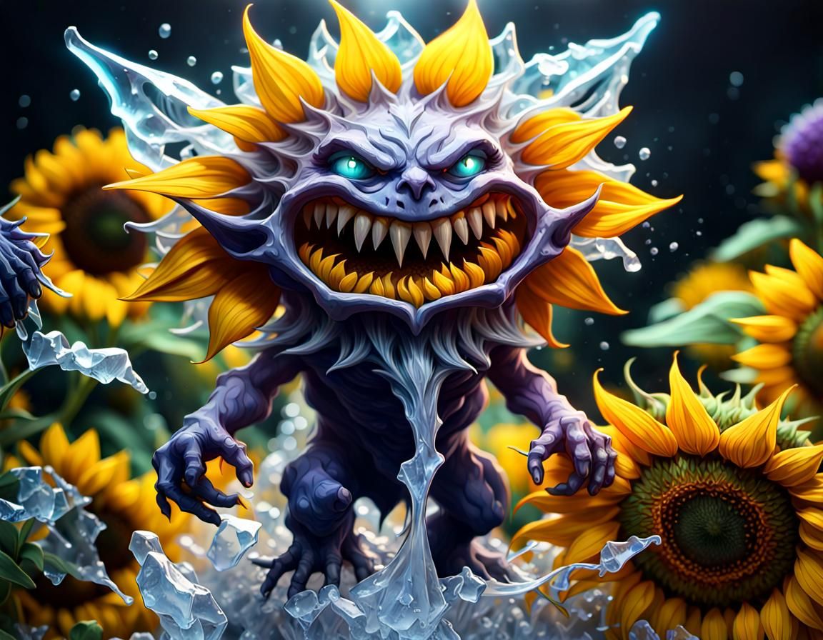 Icy Imp's Sunflower Destruction: Dark Fantasy Art