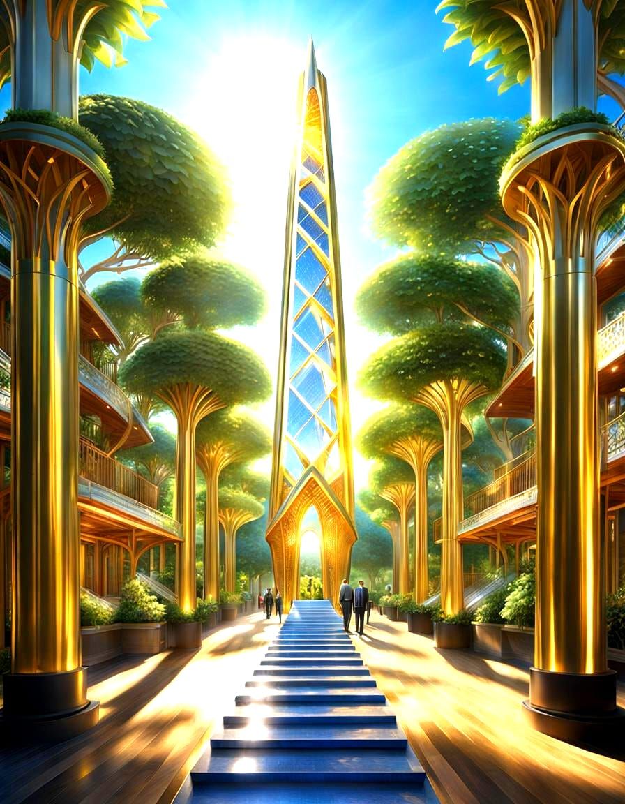 GLEAMING platinum gilded obelisk, UTOPIA VILLAGE, light rays, solarpunk :: Vincent Callebaut :: Hayao Miyazaki 