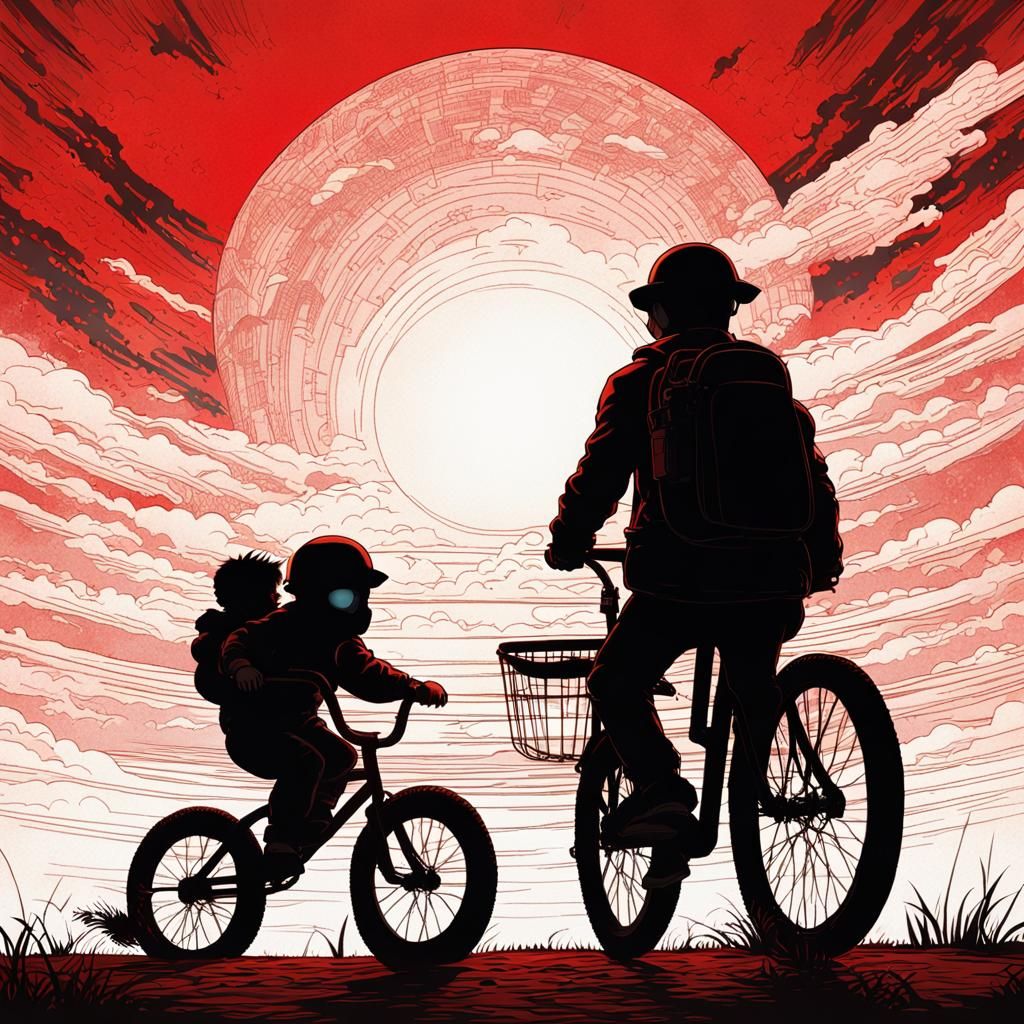 A 2D black silhouette of father riding a bicycle with a blac...