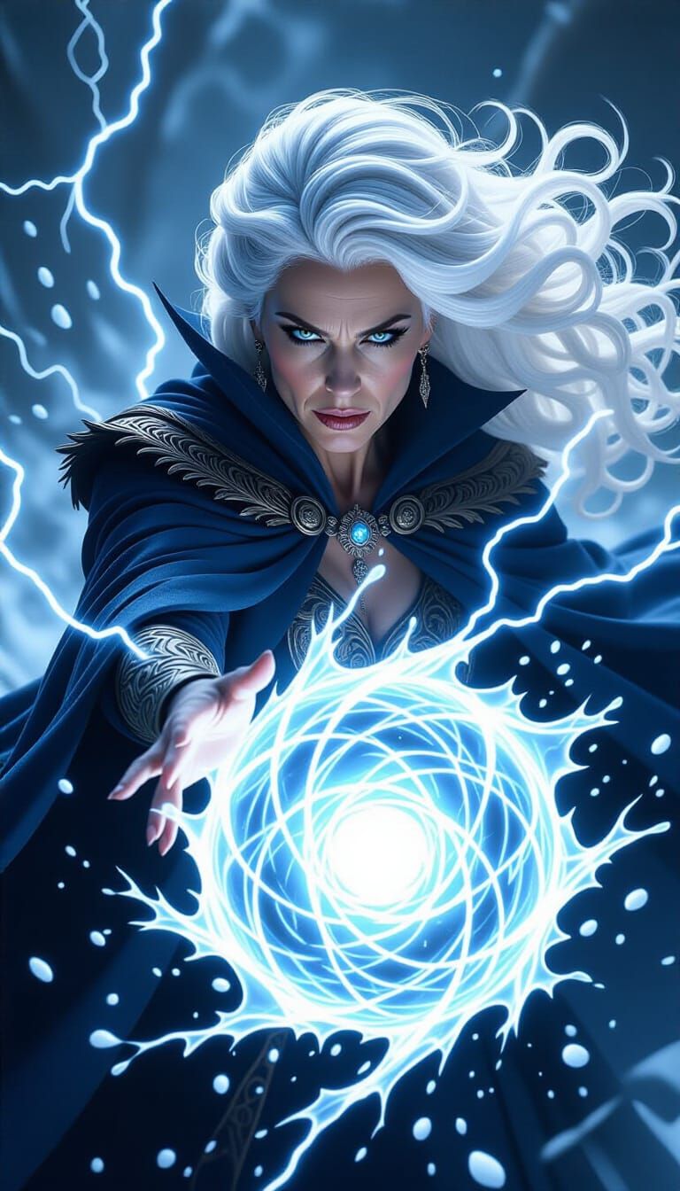 The white-haired woman summons swirling white and blue ice particles into a crackling energy orb, her cape billowing violently as wind whips...
