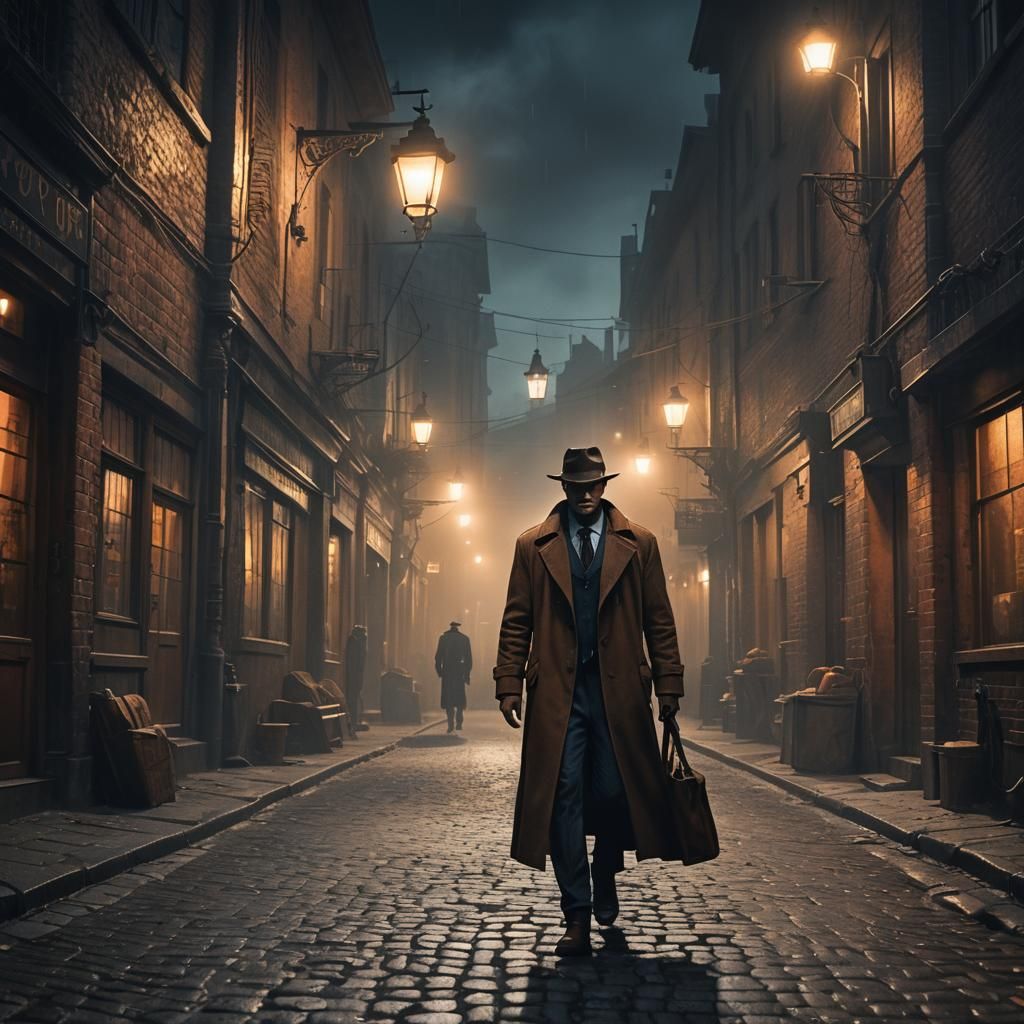 Film Noir Detective in Misty Cityscape Alley