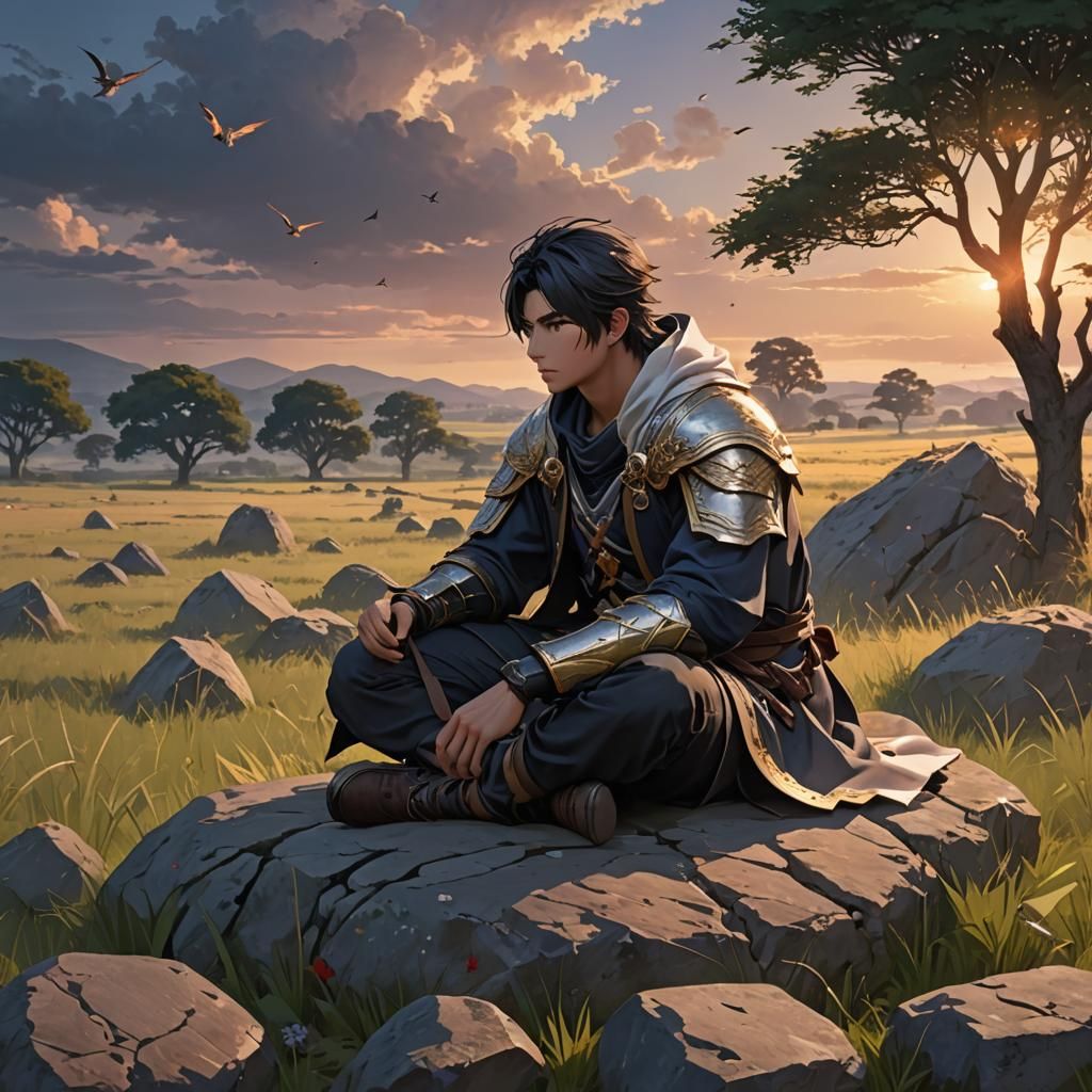 A lonely beautiful fighter sitting on a stone in the middle ...