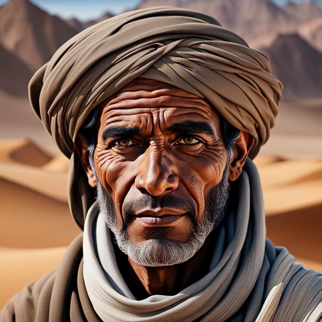 A 3D illustration of a real Tuareg man with a background con...