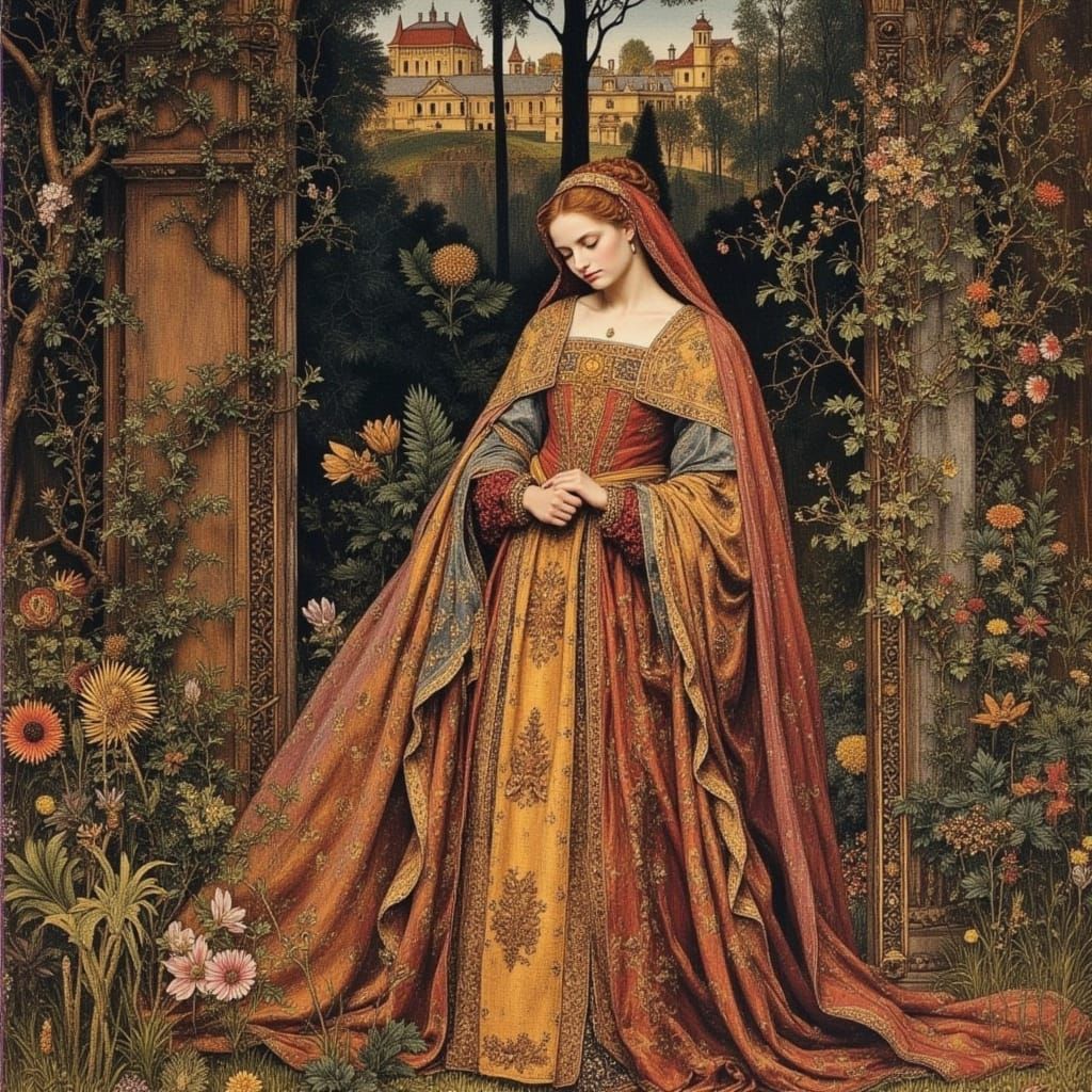 <lora:Concelo:1.0> in the style of an ancient shroud, depict a princess in the garden of a grand palace