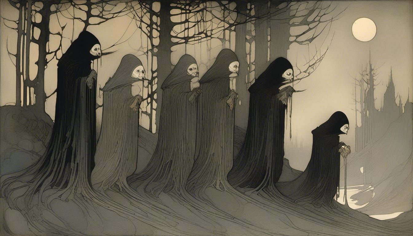 "The Crones". Ominous, Magical, Intricately Designed, Elegant, Scenic, Hyper-Detailed, Delicate; Complex, detailed storybook illustration by...