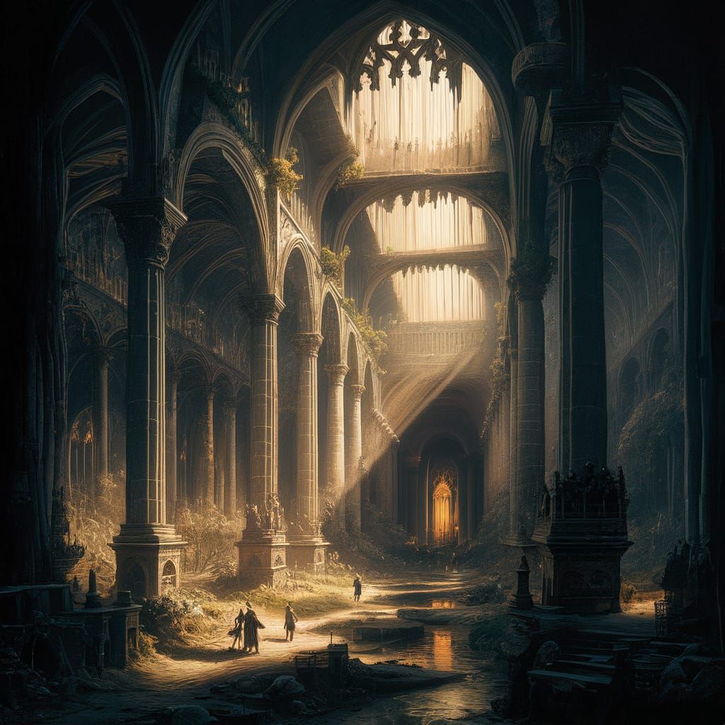 A captivating scene of an underground cathedral in a dark fantasy ...