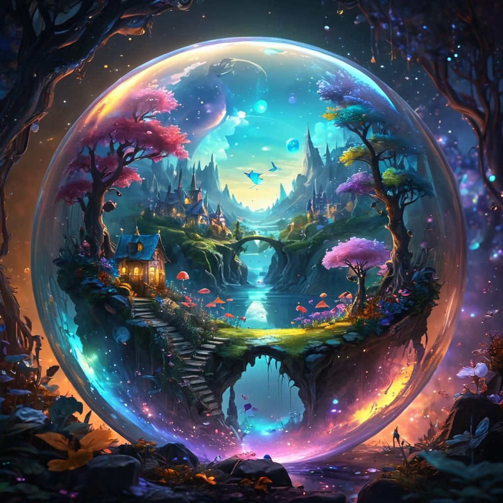 epic artwork of a fairy realm in a mystical worldin a soap bubble ...