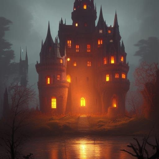 A spooky castle, inhabited by vampires, sitting in an island...