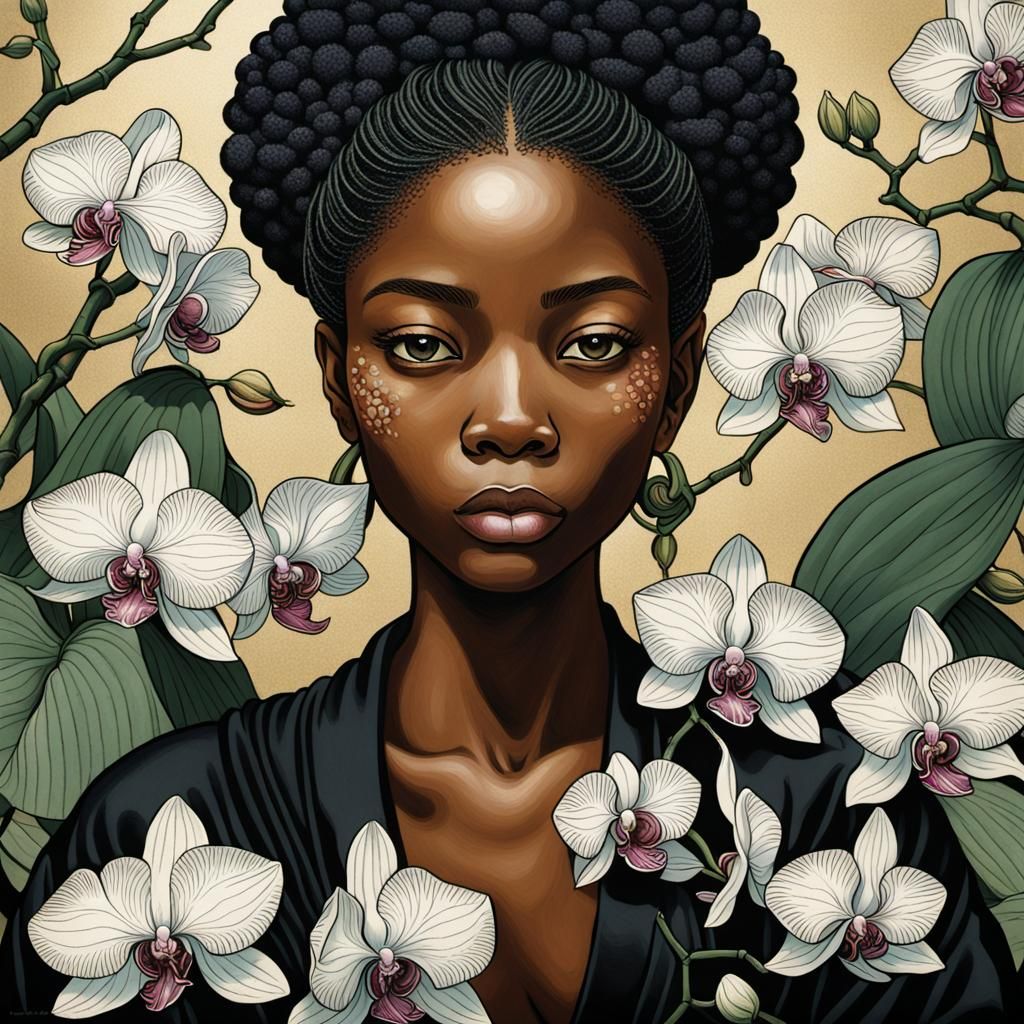 close-up, black woman holding and surrounded by orchids, Uki...