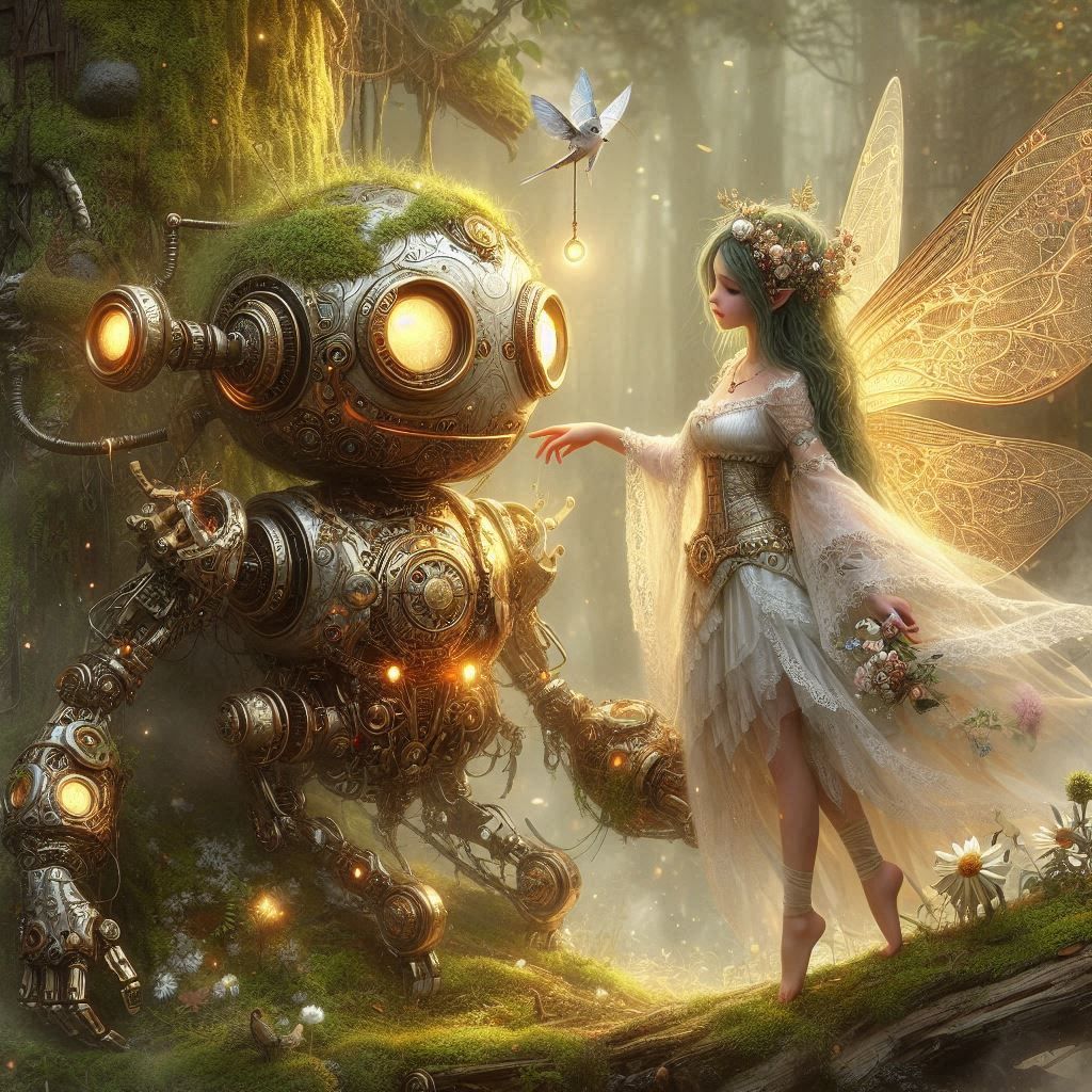 Fairy finds robot in forest